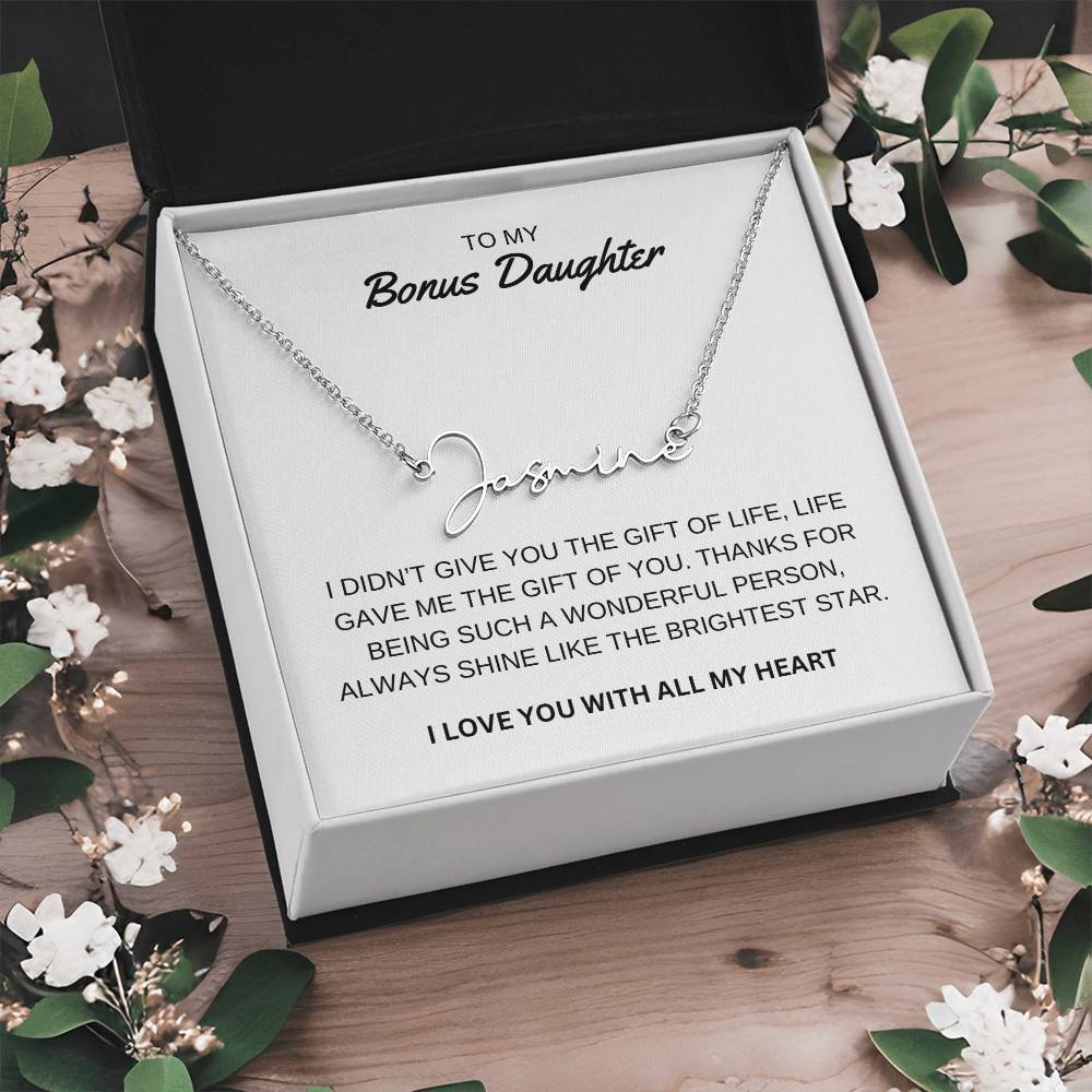 To My Bonus Daughter - I Love You - Signature Style Name Necklace