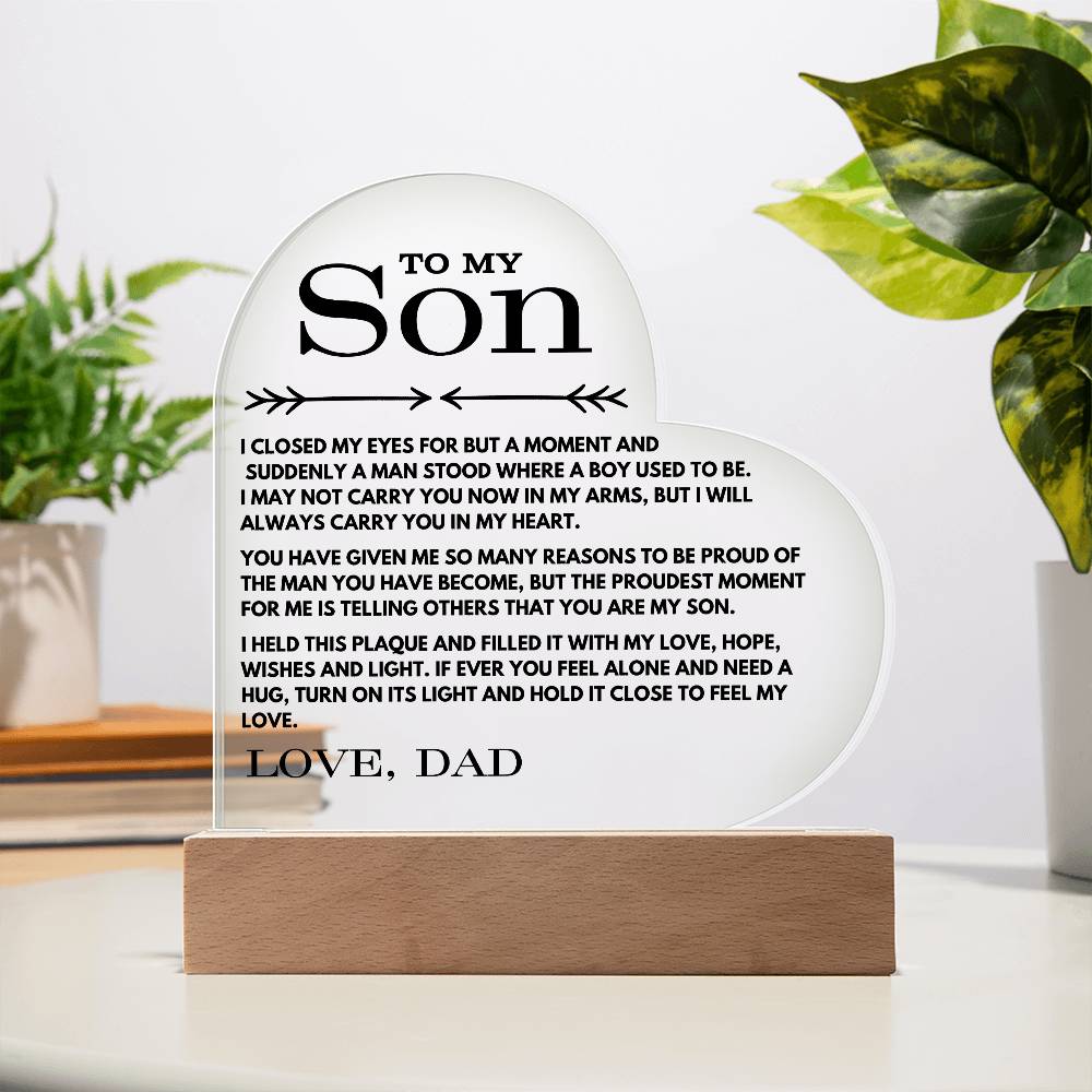 To My Son Love Dad - Carry You In My Heart - Printed Heart Acrylic Plaque - Night Light Gift