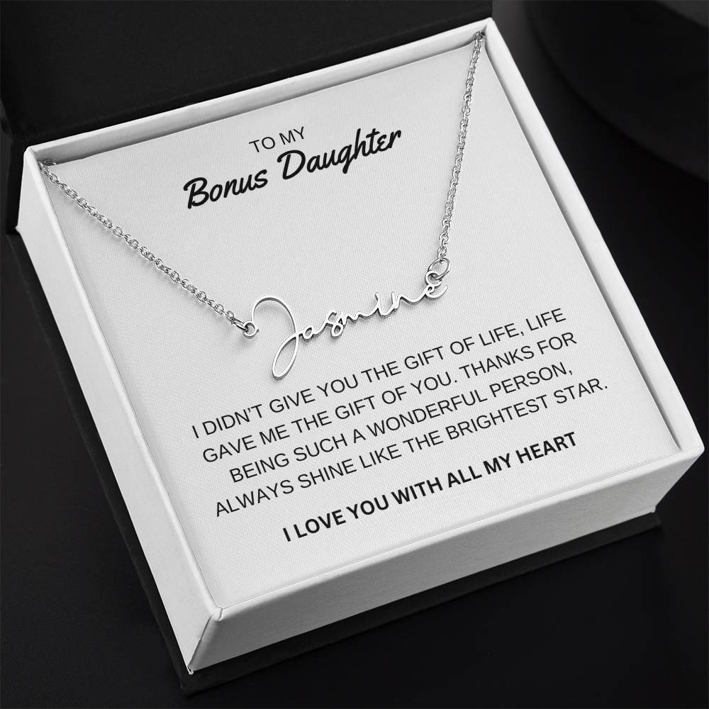 To My Bonus Daughter - I Love You - Signature Style Name Necklace