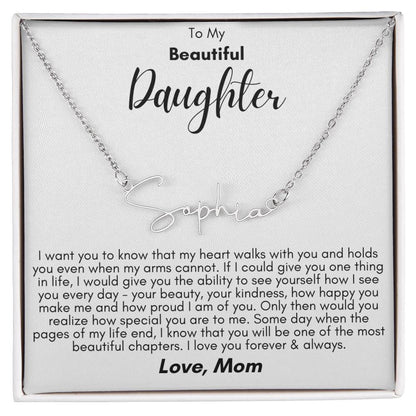 To My Beautiful Daughter- Proud of You, Love Mom  - Signature Style Name Necklace Gift Shop