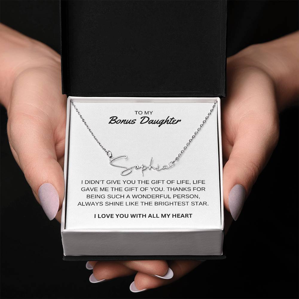 To My Bonus Daughter - I Love You - Signature Style Name Necklace