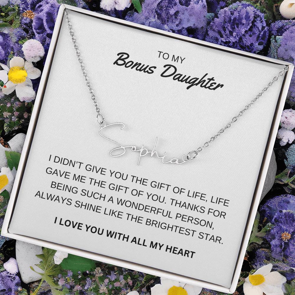 To My Bonus Daughter - I Love You - Signature Style Name Necklace