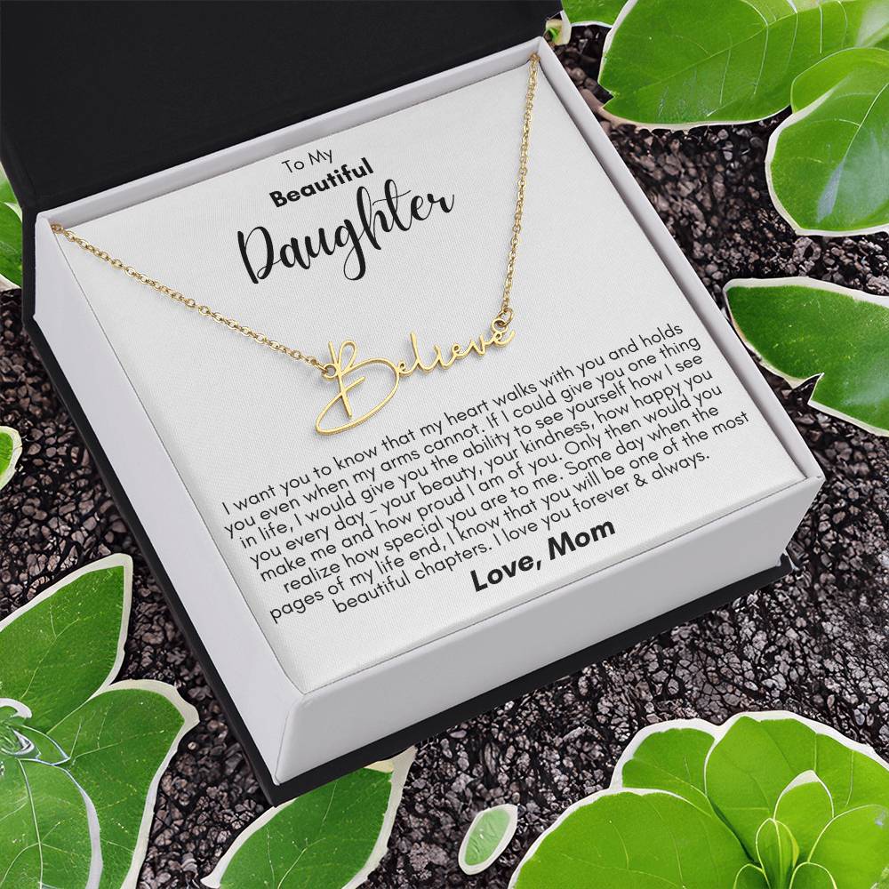 To My Beautiful Daughter- Proud of You, Love Mom  - Signature Style Name Necklace Gift Shop
