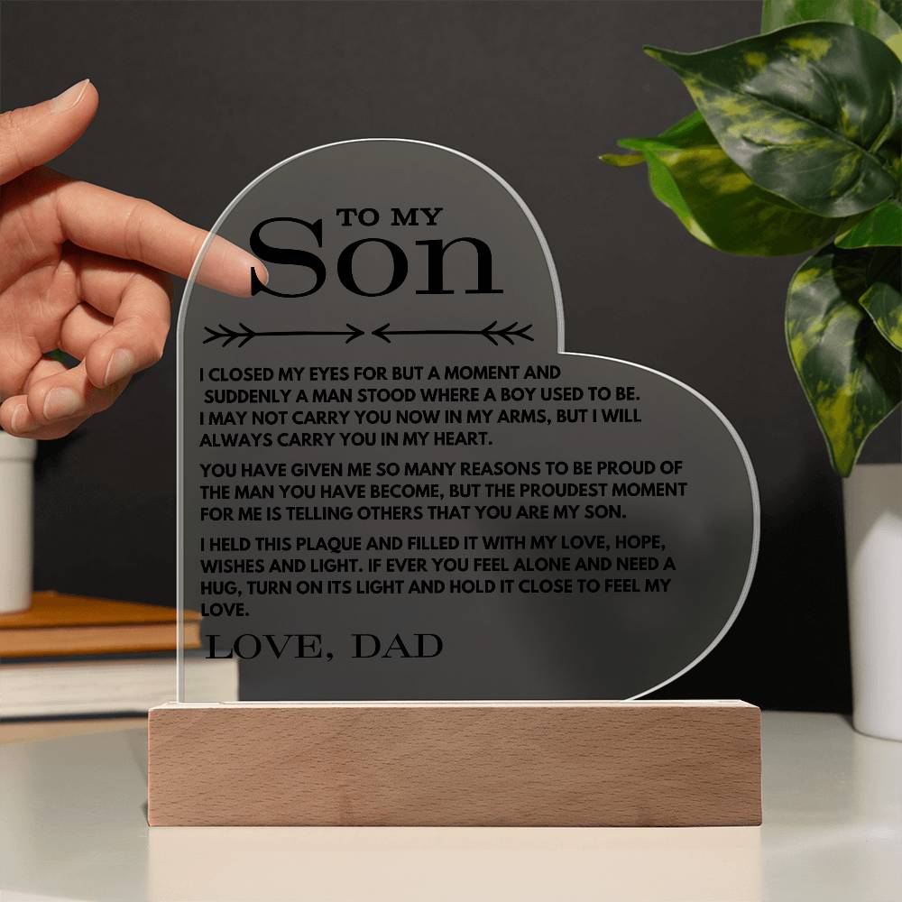 To My Son Love Dad - Carry You In My Heart  - Printed Heart Acrylic Plaque - Night Light Gift