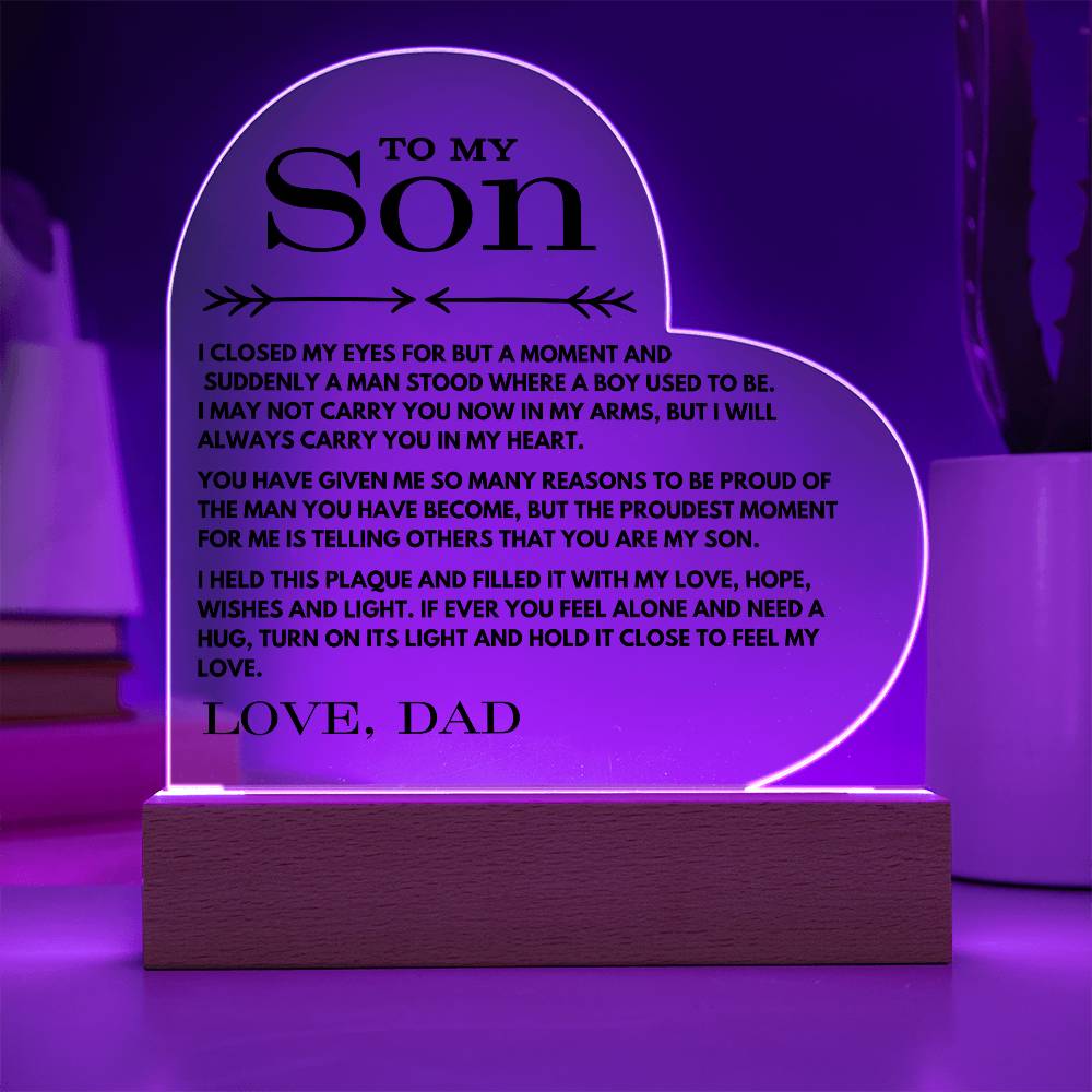 To My Son Love Dad - Carry You In My Heart  - Printed Heart Acrylic Plaque - Night Light Gift
